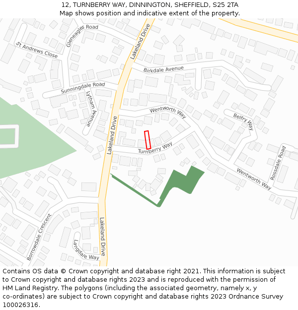 12, TURNBERRY WAY, DINNINGTON, SHEFFIELD, S25 2TA: Location map and indicative extent of plot