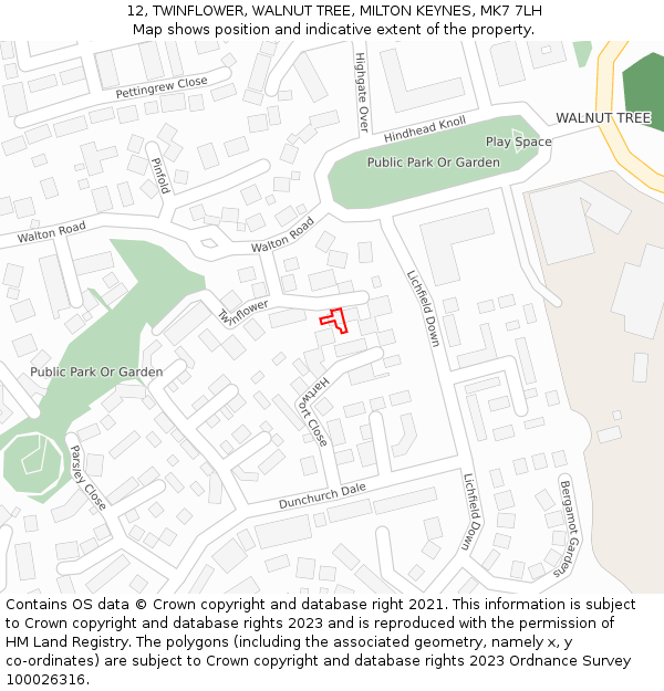 12, TWINFLOWER, WALNUT TREE, MILTON KEYNES, MK7 7LH: Location map and indicative extent of plot