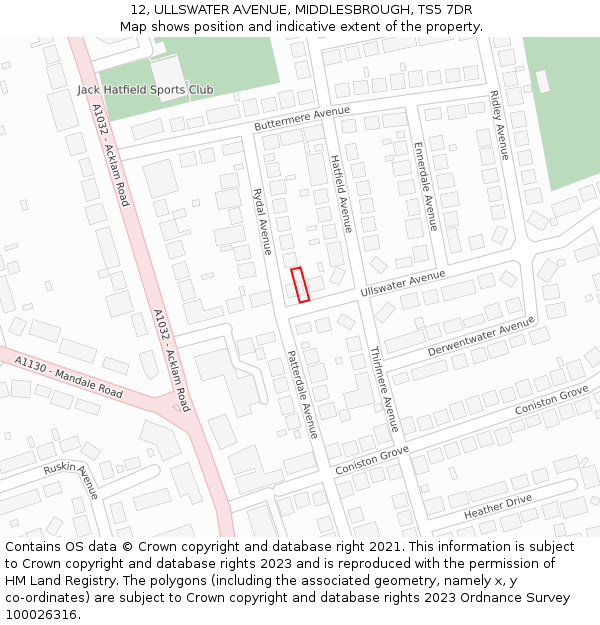 12, ULLSWATER AVENUE, MIDDLESBROUGH, TS5 7DR: Location map and indicative extent of plot