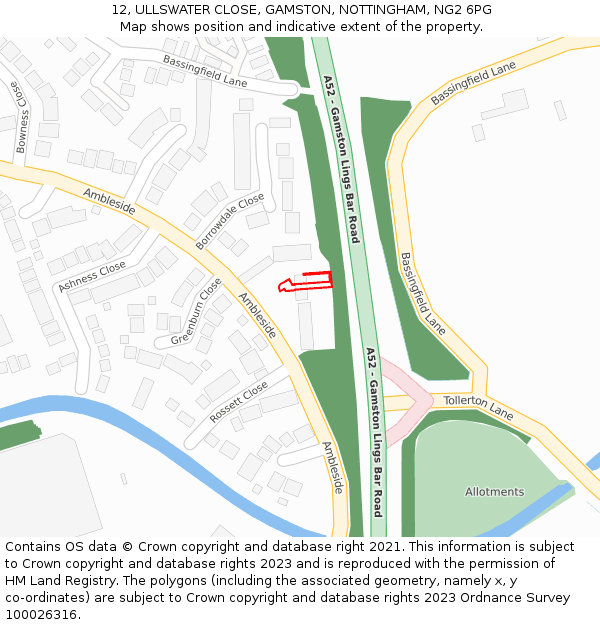 12, ULLSWATER CLOSE, GAMSTON, NOTTINGHAM, NG2 6PG: Location map and indicative extent of plot