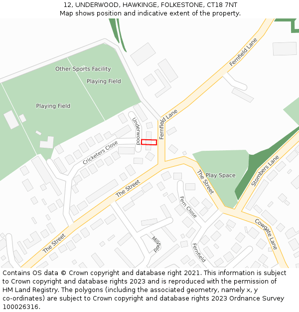 12, UNDERWOOD, HAWKINGE, FOLKESTONE, CT18 7NT: Location map and indicative extent of plot