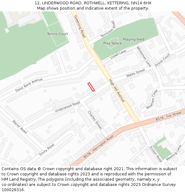 12, UNDERWOOD ROAD, ROTHWELL, KETTERING, NN14 6HX: Location map and indicative extent of plot