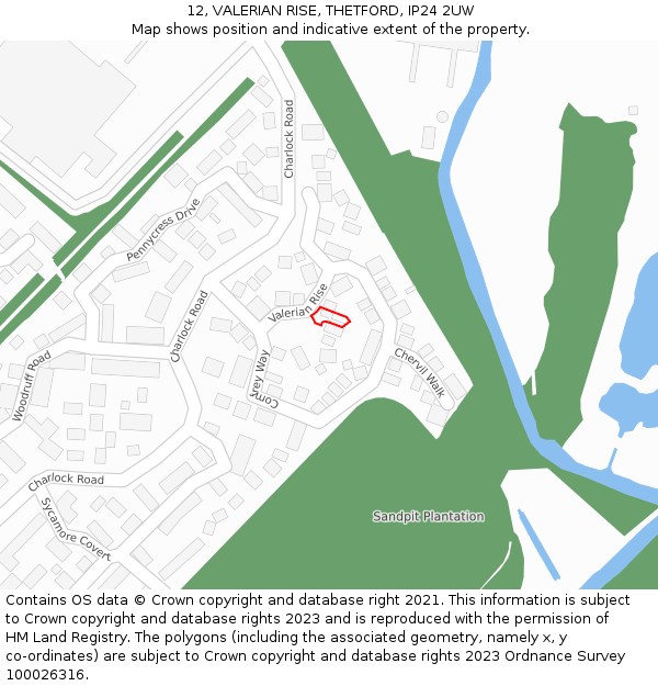 12, VALERIAN RISE, THETFORD, IP24 2UW: Location map and indicative extent of plot