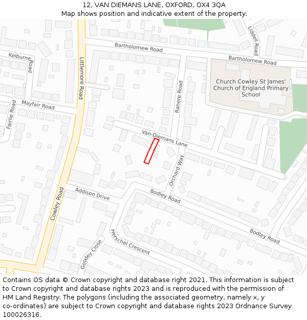 12, VAN DIEMANS LANE, OXFORD, OX4 3QA: Location map and indicative extent of plot