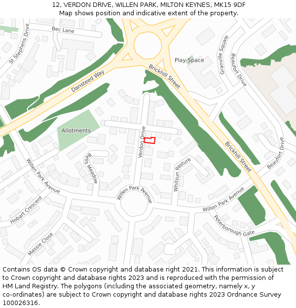 12, VERDON DRIVE, WILLEN PARK, MILTON KEYNES, MK15 9DF: Location map and indicative extent of plot