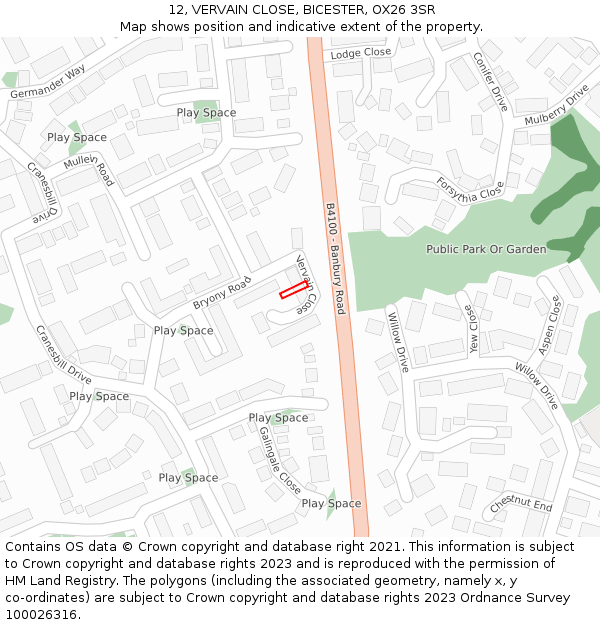 12, VERVAIN CLOSE, BICESTER, OX26 3SR: Location map and indicative extent of plot