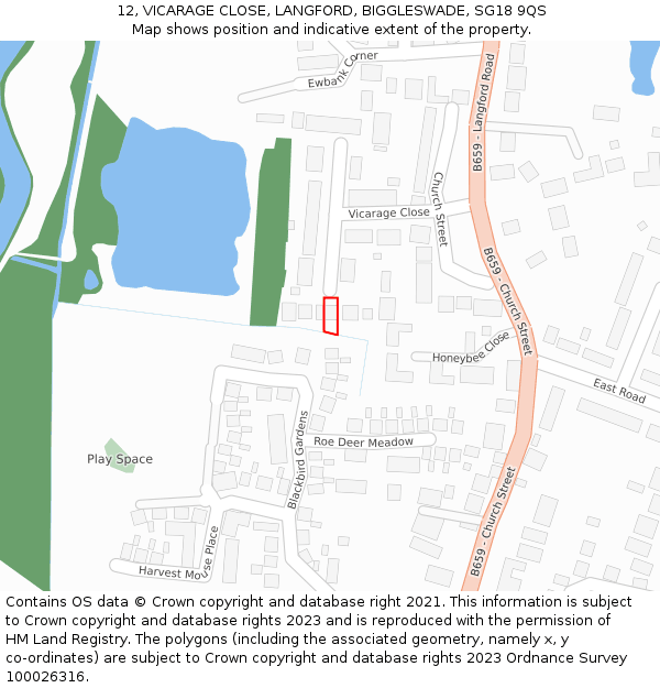 12, VICARAGE CLOSE, LANGFORD, BIGGLESWADE, SG18 9QS: Location map and indicative extent of plot