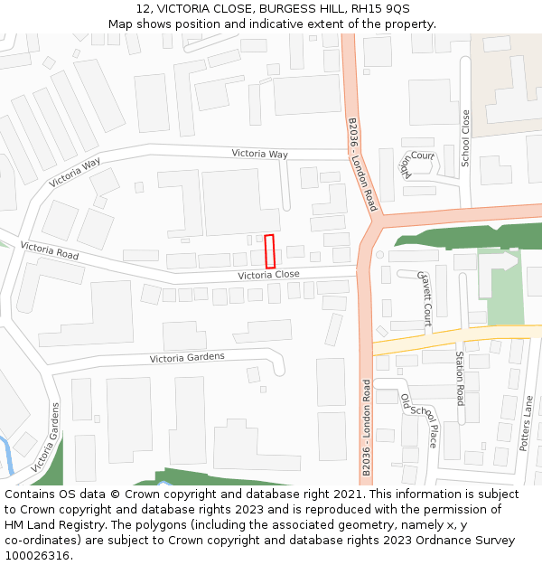 12, VICTORIA CLOSE, BURGESS HILL, RH15 9QS: Location map and indicative extent of plot