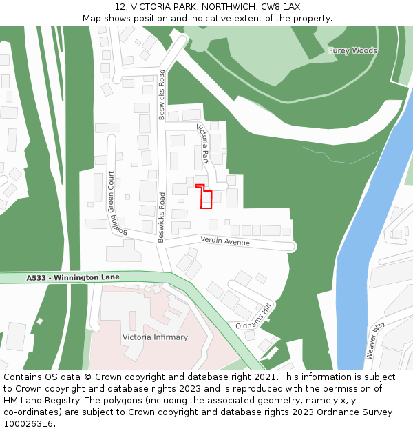 12, VICTORIA PARK, NORTHWICH, CW8 1AX: Location map and indicative extent of plot