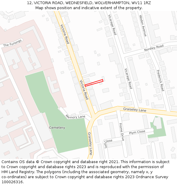 12, VICTORIA ROAD, WEDNESFIELD, WOLVERHAMPTON, WV11 1RZ: Location map and indicative extent of plot