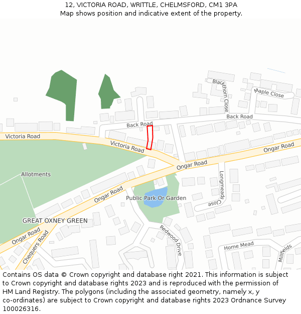 12, VICTORIA ROAD, WRITTLE, CHELMSFORD, CM1 3PA: Location map and indicative extent of plot