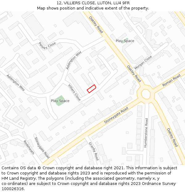 12, VILLIERS CLOSE, LUTON, LU4 9FR: Location map and indicative extent of plot