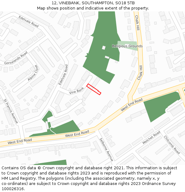 12, VINEBANK, SOUTHAMPTON, SO18 5TB: Location map and indicative extent of plot