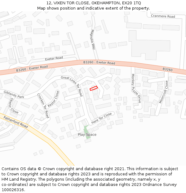 12, VIXEN TOR CLOSE, OKEHAMPTON, EX20 1TQ: Location map and indicative extent of plot