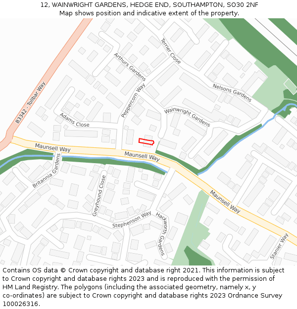 12, WAINWRIGHT GARDENS, HEDGE END, SOUTHAMPTON, SO30 2NF: Location map and indicative extent of plot