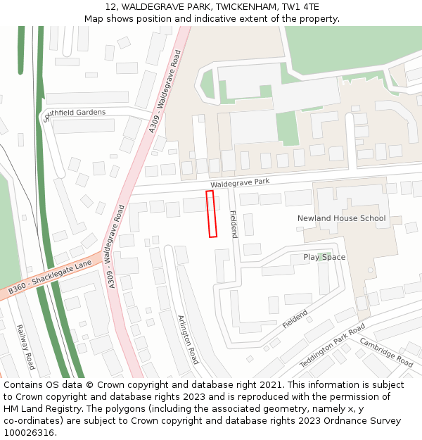 12, WALDEGRAVE PARK, TWICKENHAM, TW1 4TE: Location map and indicative extent of plot