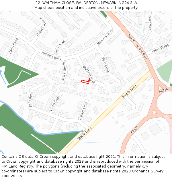 12, WALTHAM CLOSE, BALDERTON, NEWARK, NG24 3LA: Location map and indicative extent of plot