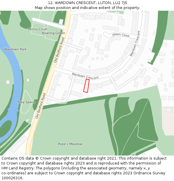 12, WARDOWN CRESCENT, LUTON, LU2 7JS: Location map and indicative extent of plot