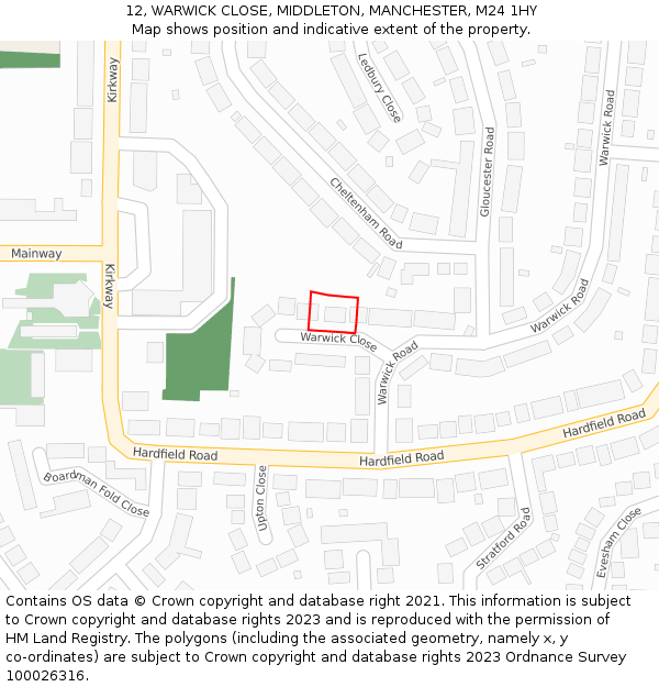 12, WARWICK CLOSE, MIDDLETON, MANCHESTER, M24 1HY: Location map and indicative extent of plot