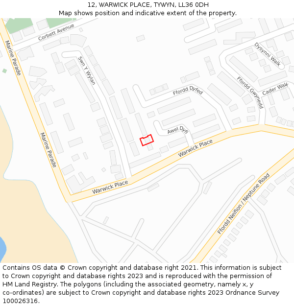 12, WARWICK PLACE, TYWYN, LL36 0DH: Location map and indicative extent of plot