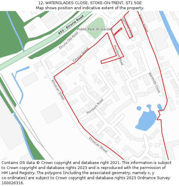 12, WATERGLADES CLOSE, STOKE-ON-TRENT, ST1 5GE: Location map and indicative extent of plot