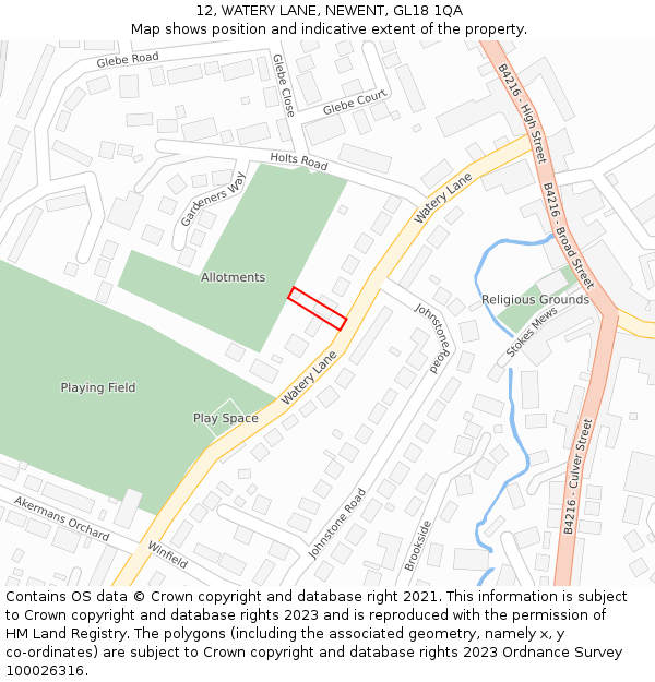 12, WATERY LANE, NEWENT, GL18 1QA: Location map and indicative extent of plot