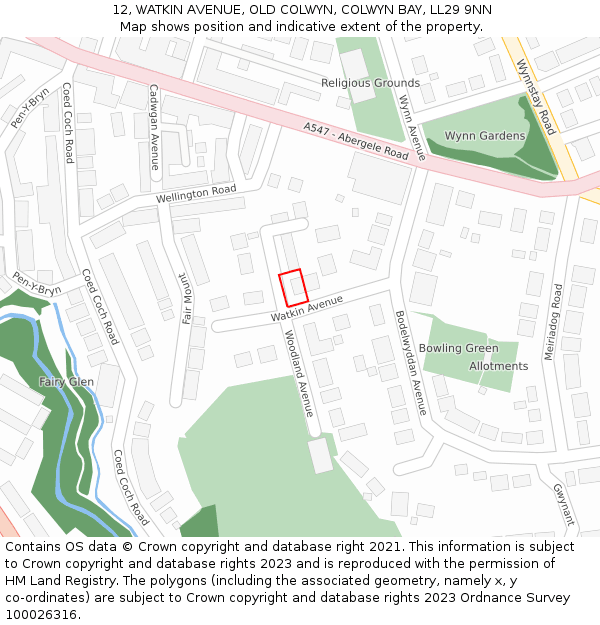 12, WATKIN AVENUE, OLD COLWYN, COLWYN BAY, LL29 9NN: Location map and indicative extent of plot