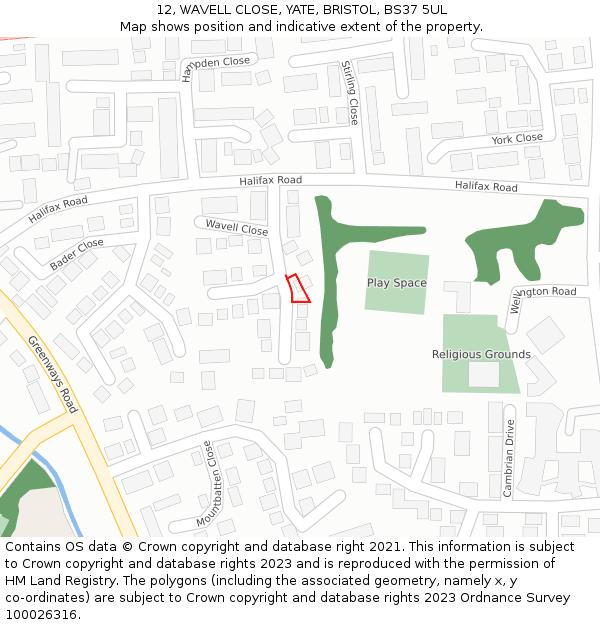 12, WAVELL CLOSE, YATE, BRISTOL, BS37 5UL: Location map and indicative extent of plot