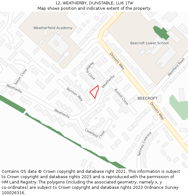 12, WEATHERBY, DUNSTABLE, LU6 1TW: Location map and indicative extent of plot