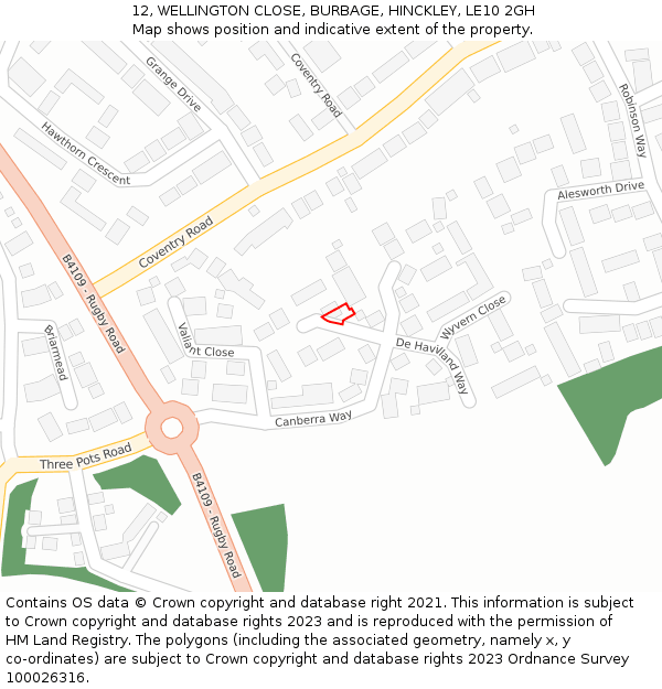 12, WELLINGTON CLOSE, BURBAGE, HINCKLEY, LE10 2GH: Location map and indicative extent of plot