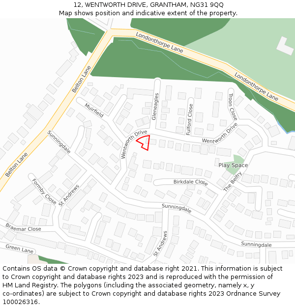 12, WENTWORTH DRIVE, GRANTHAM, NG31 9QQ: Location map and indicative extent of plot