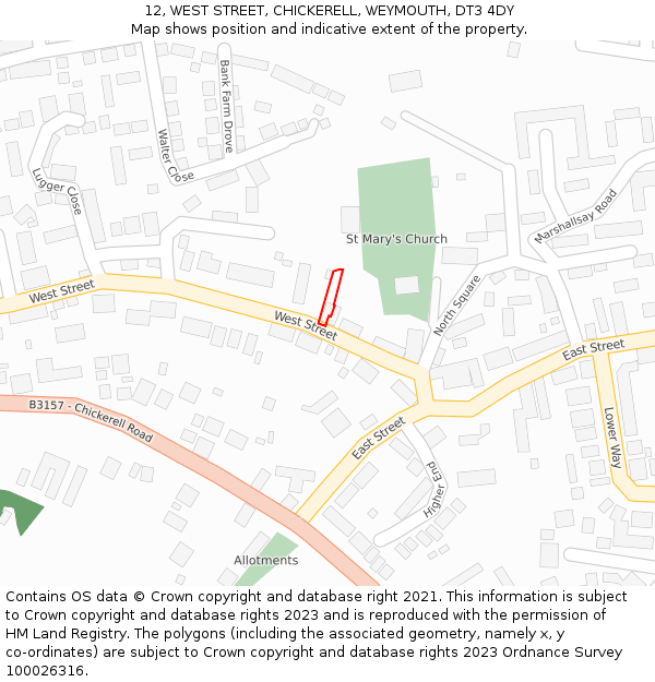 12, WEST STREET, CHICKERELL, WEYMOUTH, DT3 4DY: Location map and indicative extent of plot