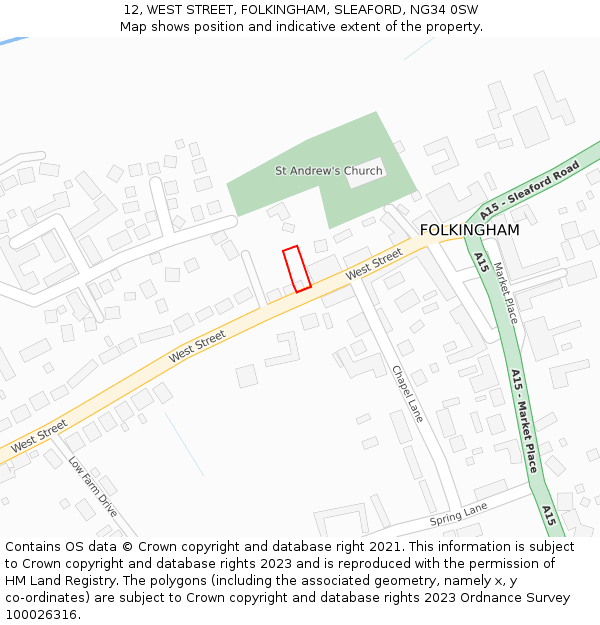 12, WEST STREET, FOLKINGHAM, SLEAFORD, NG34 0SW: Location map and indicative extent of plot