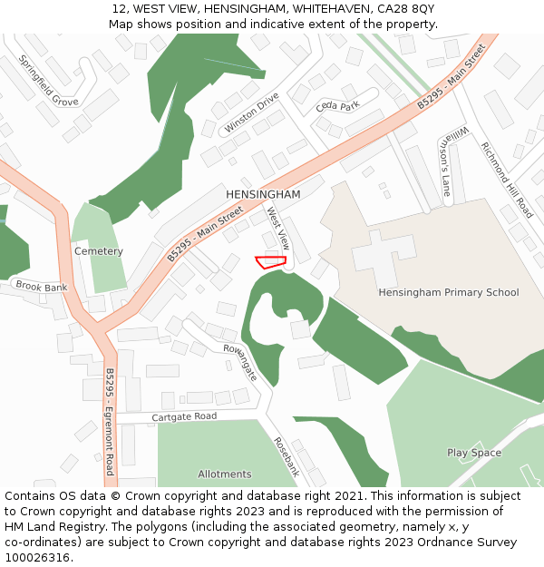 12, WEST VIEW, HENSINGHAM, WHITEHAVEN, CA28 8QY: Location map and indicative extent of plot