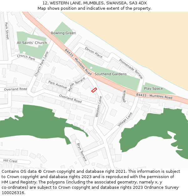 12, WESTERN LANE, MUMBLES, SWANSEA, SA3 4DX: Location map and indicative extent of plot