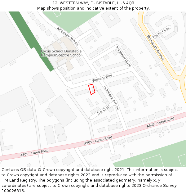 12, WESTERN WAY, DUNSTABLE, LU5 4QR: Location map and indicative extent of plot