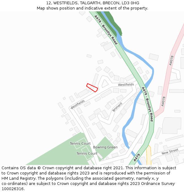 12, WESTFIELDS, TALGARTH, BRECON, LD3 0HG: Location map and indicative extent of plot