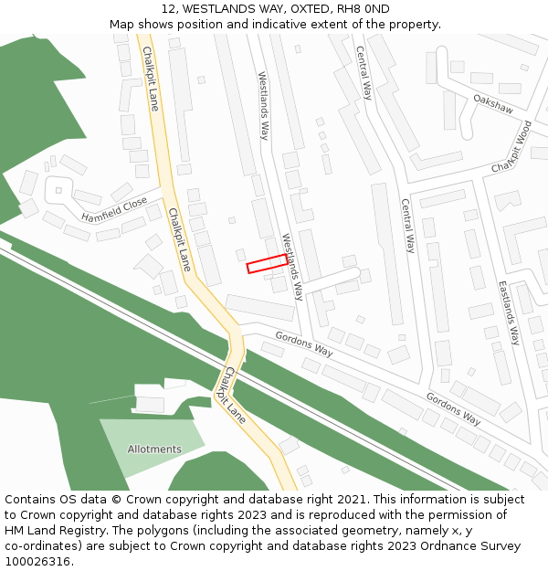 12, WESTLANDS WAY, OXTED, RH8 0ND: Location map and indicative extent of plot