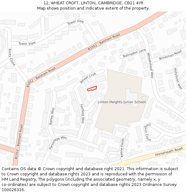 12, WHEAT CROFT, LINTON, CAMBRIDGE, CB21 4YR: Location map and indicative extent of plot