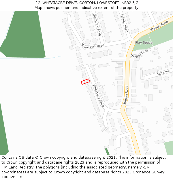 12, WHEATACRE DRIVE, CORTON, LOWESTOFT, NR32 5JG: Location map and indicative extent of plot