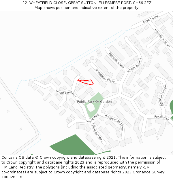 12, WHEATFIELD CLOSE, GREAT SUTTON, ELLESMERE PORT, CH66 2EZ: Location map and indicative extent of plot