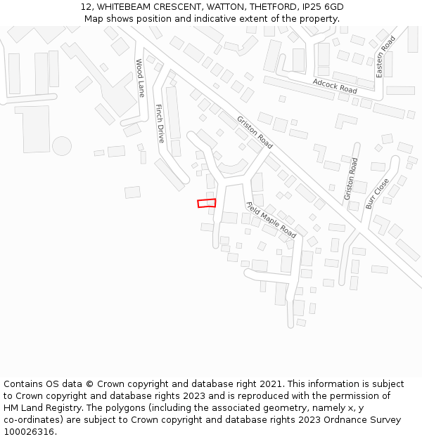 12, WHITEBEAM CRESCENT, WATTON, THETFORD, IP25 6GD: Location map and indicative extent of plot