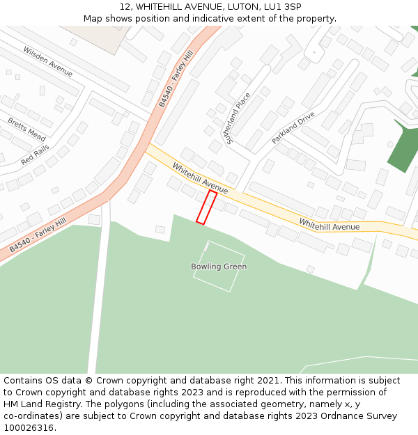 12, WHITEHILL AVENUE, LUTON, LU1 3SP: Location map and indicative extent of plot