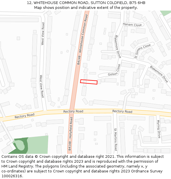 12, WHITEHOUSE COMMON ROAD, SUTTON COLDFIELD, B75 6HB: Location map and indicative extent of plot