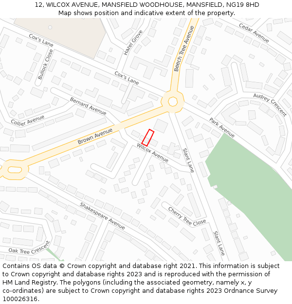 12, WILCOX AVENUE, MANSFIELD WOODHOUSE, MANSFIELD, NG19 8HD: Location map and indicative extent of plot