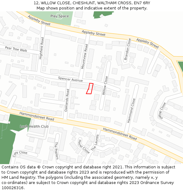 12, WILLOW CLOSE, CHESHUNT, WALTHAM CROSS, EN7 6RY: Location map and indicative extent of plot