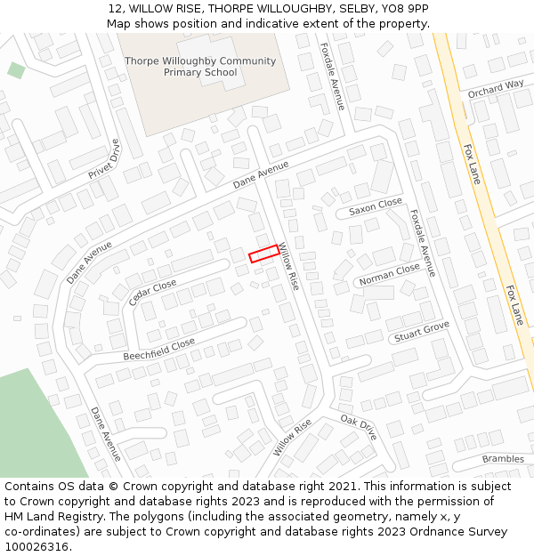 12, WILLOW RISE, THORPE WILLOUGHBY, SELBY, YO8 9PP: Location map and indicative extent of plot