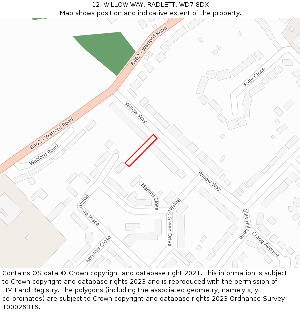 12, WILLOW WAY, RADLETT, WD7 8DX: Location map and indicative extent of plot