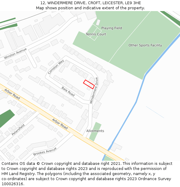 12, WINDERMERE DRIVE, CROFT, LEICESTER, LE9 3HE: Location map and indicative extent of plot