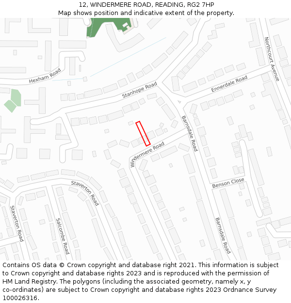 12, WINDERMERE ROAD, READING, RG2 7HP: Location map and indicative extent of plot